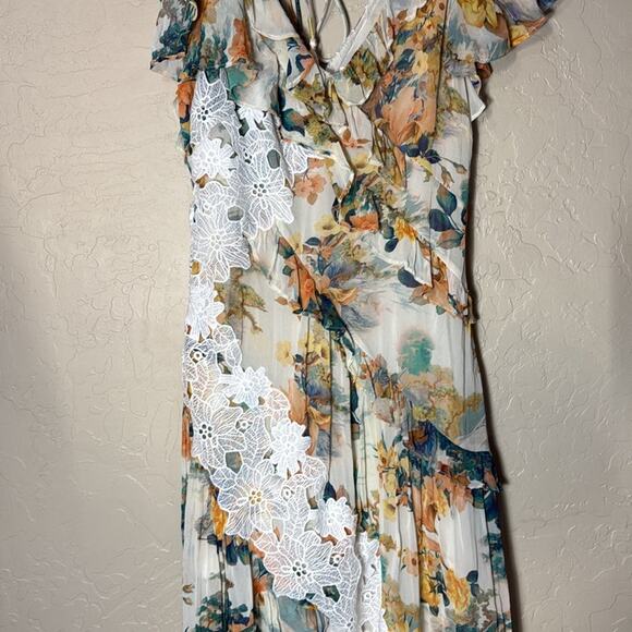 By Anthropologie V-Neck Ruffle Lace Slip Midi Dress asymmetrical size 6. - Picture 5 of 8